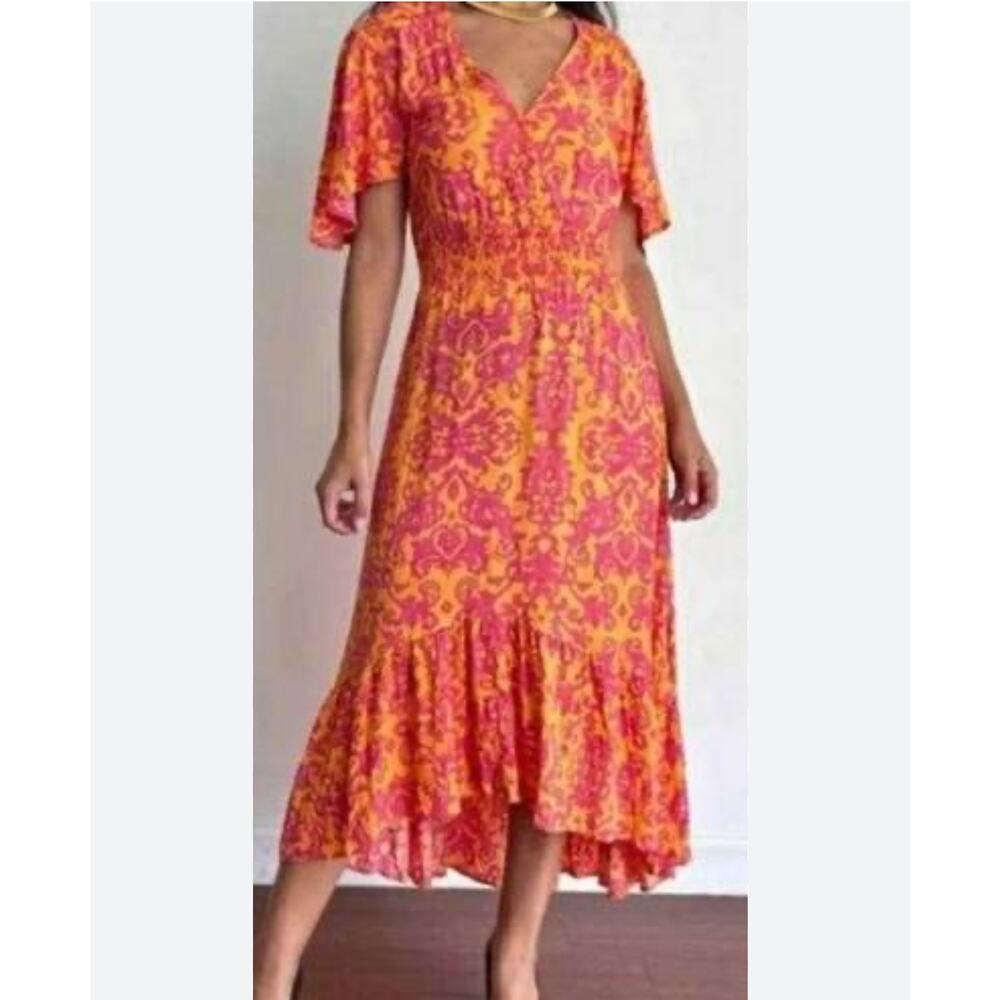 Abel the Label Maya Dress Womens Medium Mustard & Pink Baroque Tiered Midi